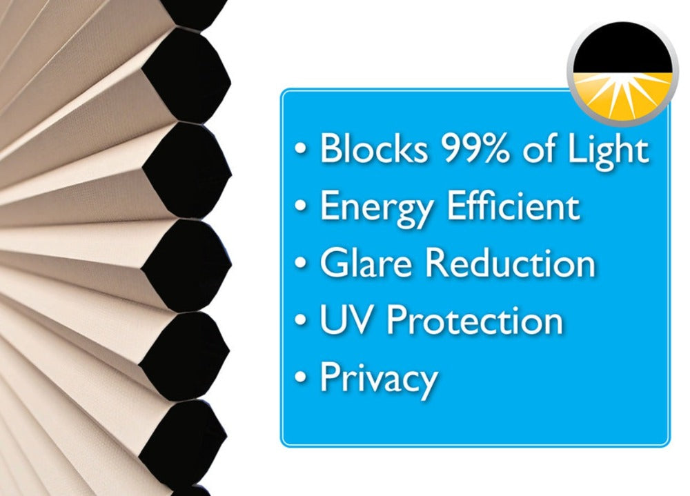 Redi shade benefits blocks 99% of light, energy efficient, glare reduction, uv protection, and privacy
