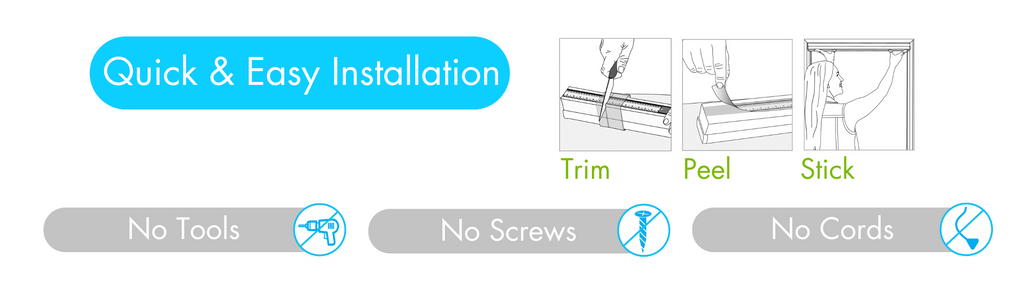 quick easy installation trim peel stick, no tools, no screws, no cords